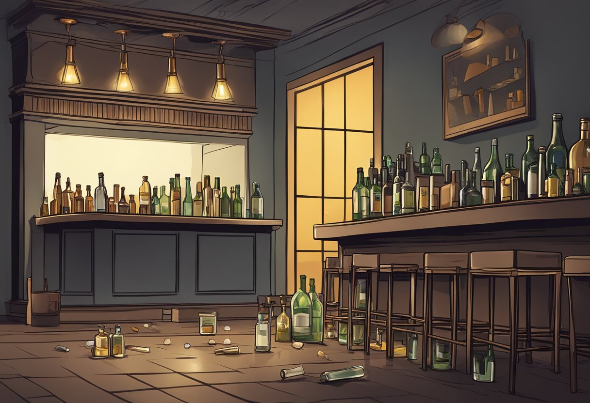 Empty bottles scattered on the floor, a neglected bar counter, and a dimly lit room