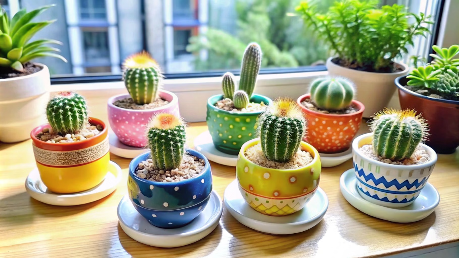 Mini cactos em vasos coloridos dispostos em prateleira em uma área de estar compacta.