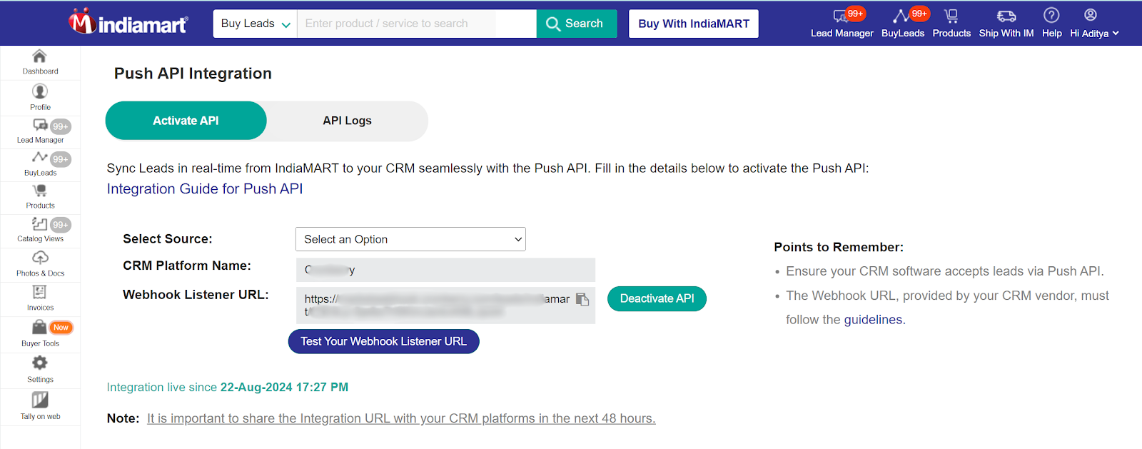 Unique CRM PUSH Key Received