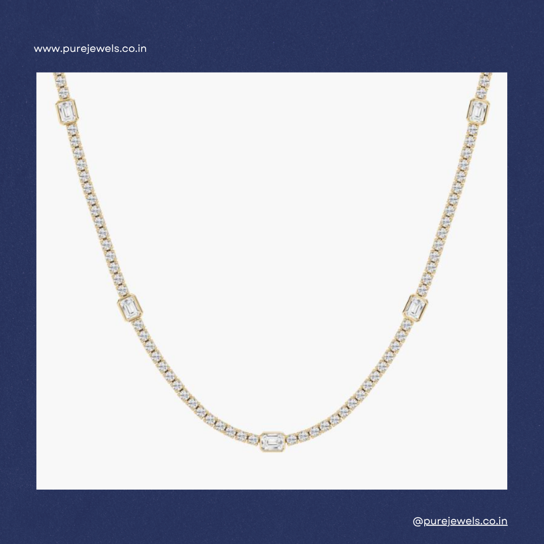 Yellow gold lab-grown diamond necklace made with the fancy pattern suits to Maa-to-be lady.