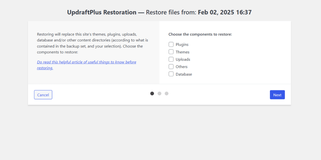 updraftplus backup prompt