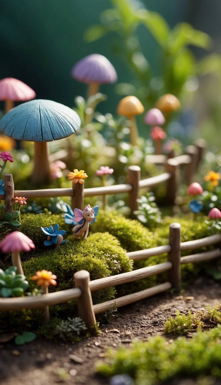 A small wooden fence surrounds a whimsical fairy garden, complete with tiny plants, colorful flowers, and delicate fairy figurines