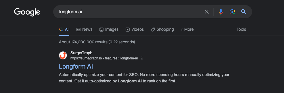 SurgeGraph ranking for “Longform AI,” a highly-contested keyword in the AI industry.