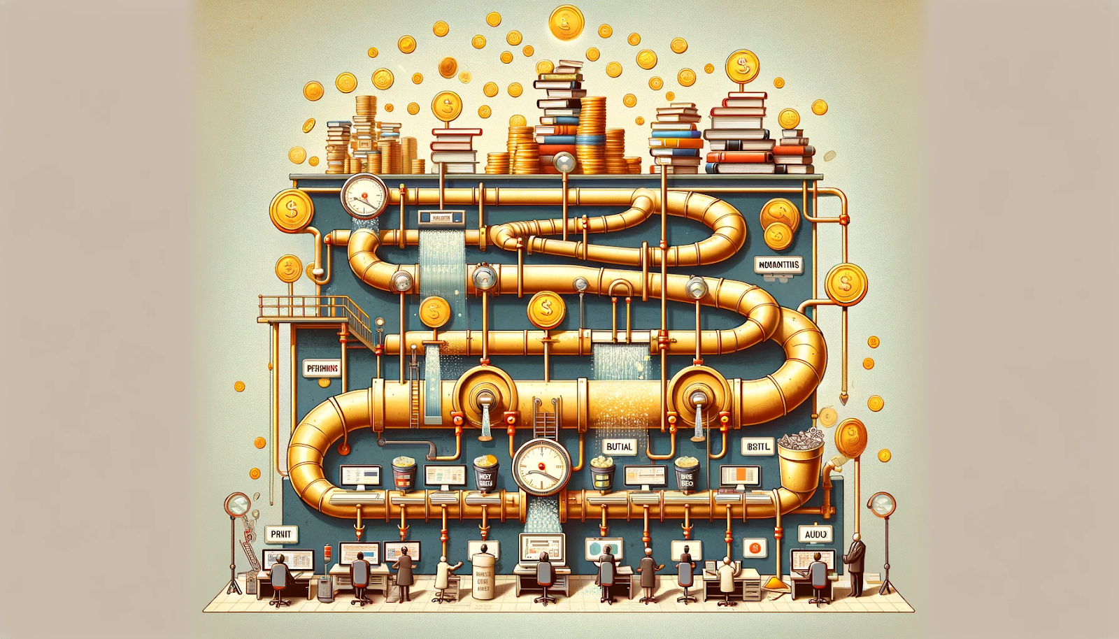 A steampunk-style machine processing books into gold coins, symbolizing publishing revenue.