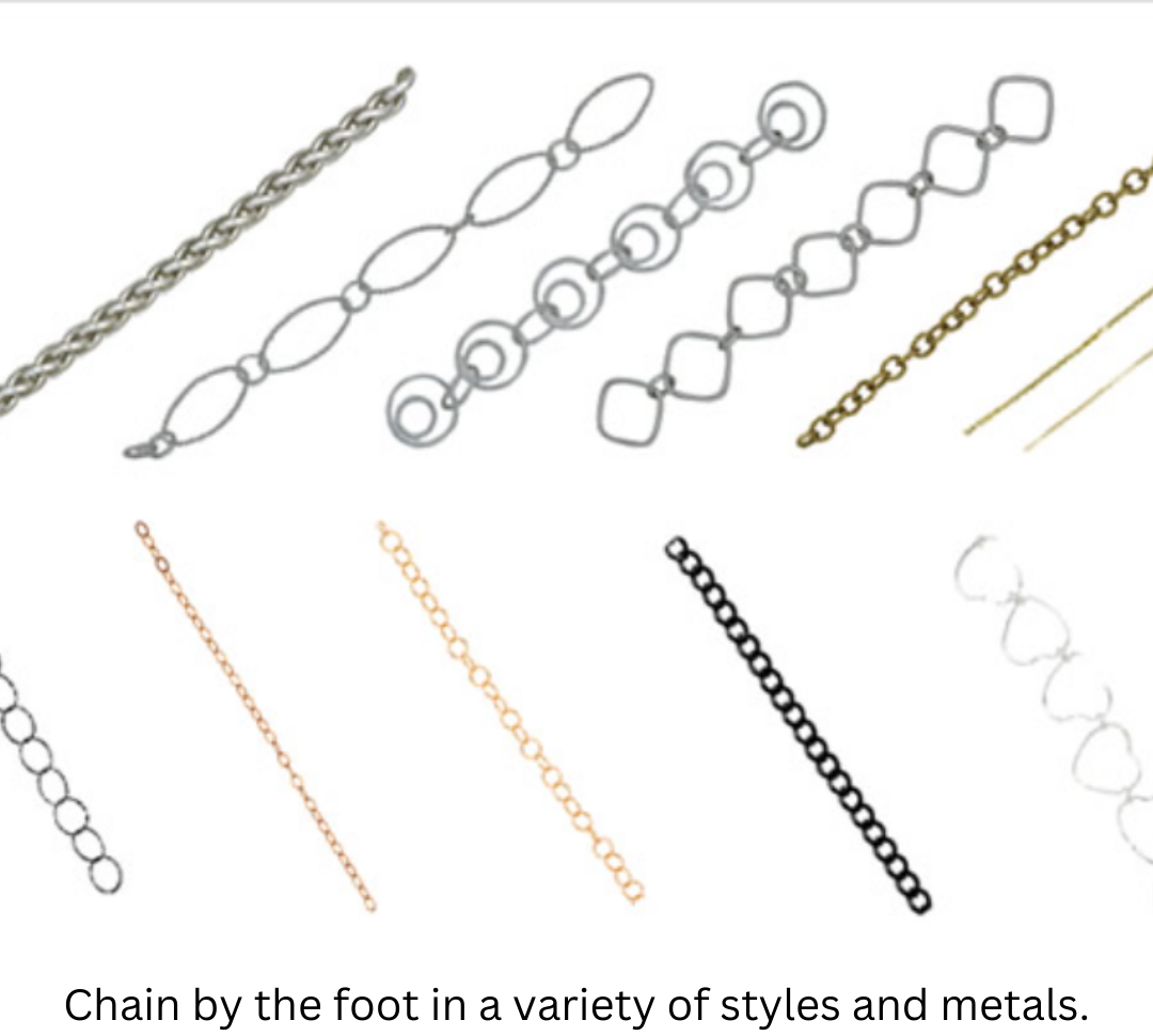 Chain by the foot in a variety of styles and metals.