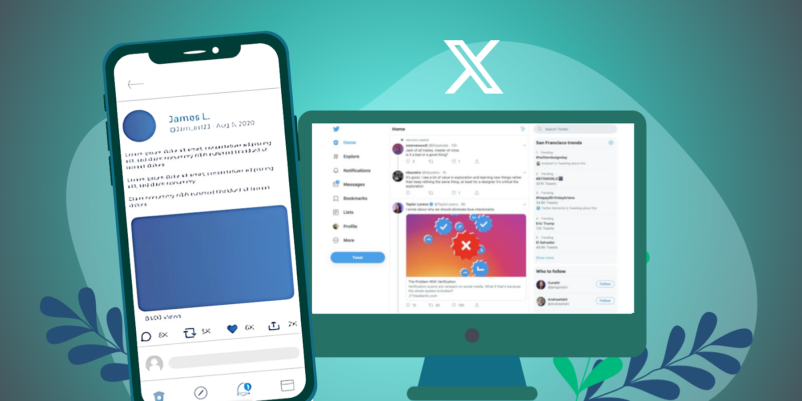 X (formerly Twitter) interface on phone and desktop, demonstrating B2B content promotion on social media.