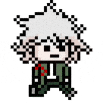 a pixel art drawing of a person with a white hair and a green jacket .