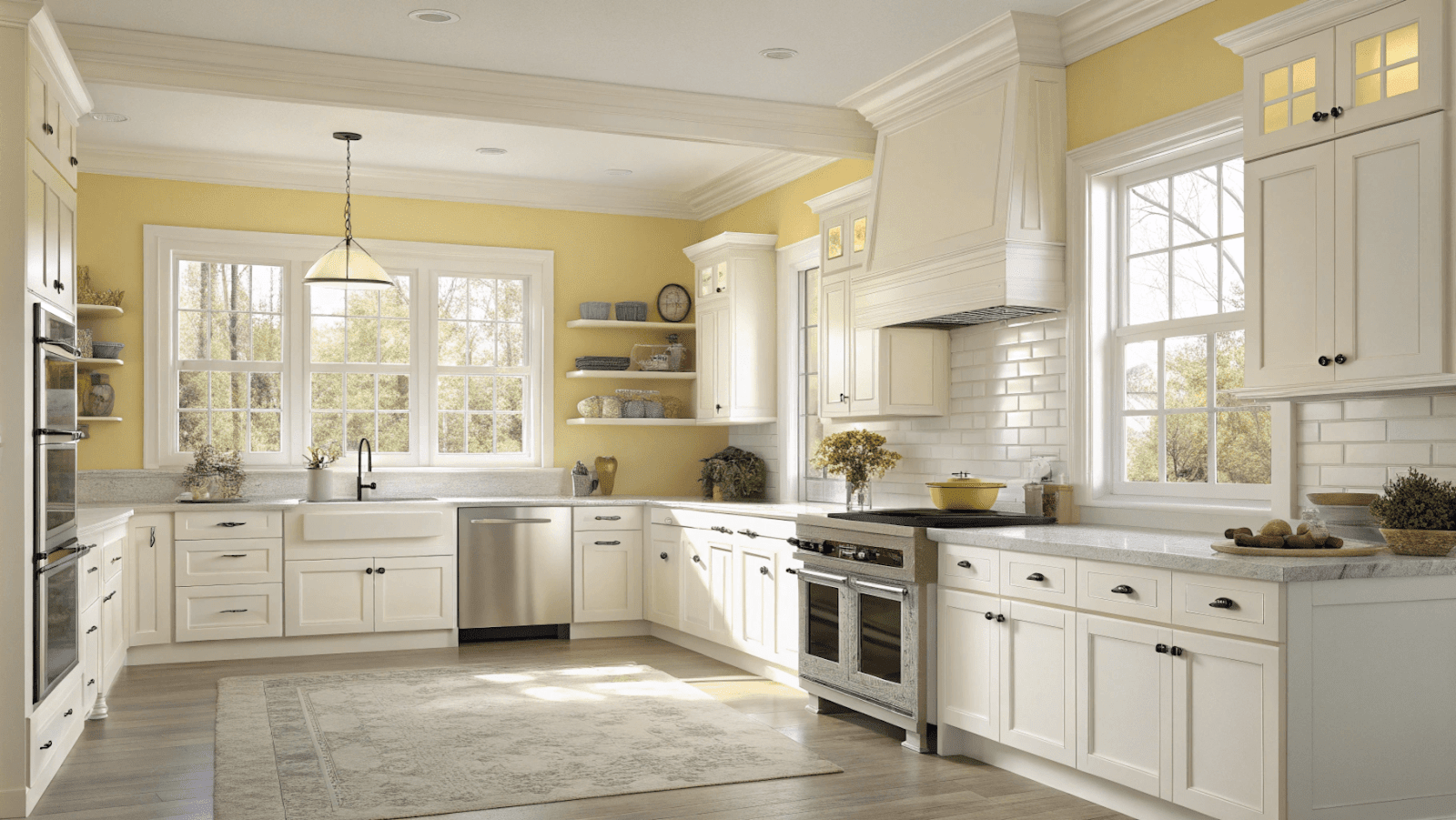 Bright, airy kitchen with white cabinets and walls painted in a soft yellow tone