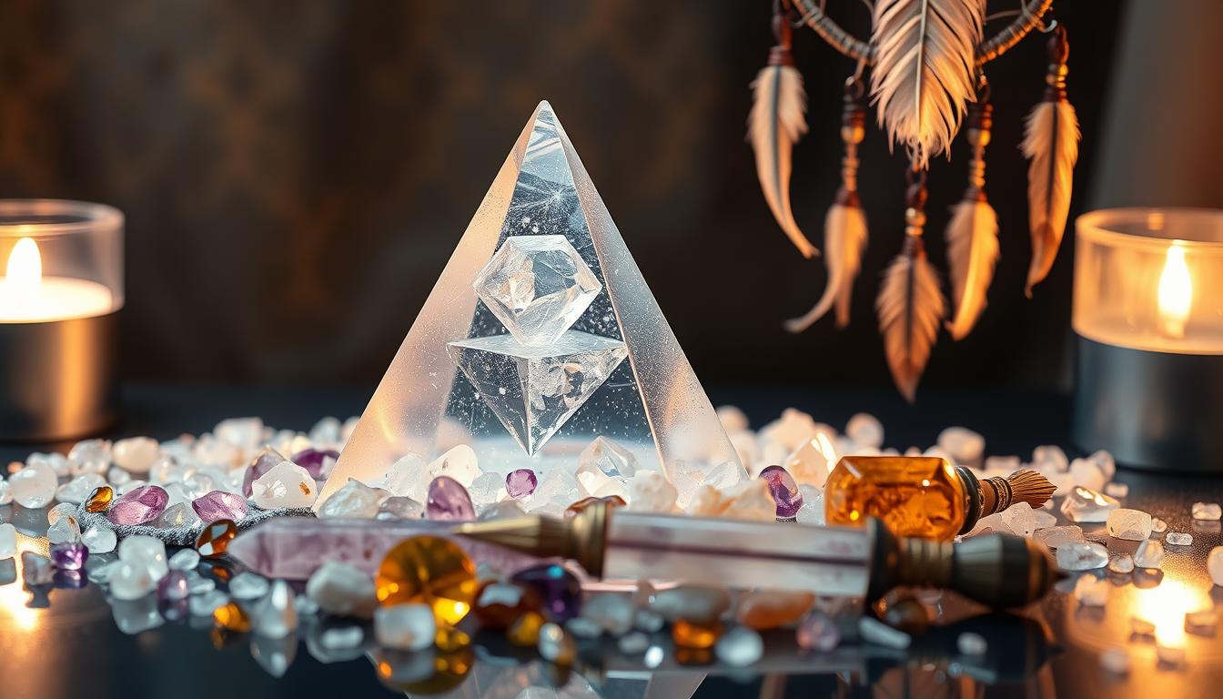 A shimmering crystal pyramid towering over an array of delicate rose quartz, amethyst, and citrine gemstones. A smoky quartz wand rests nearby, while a feather adorned dream catcher hangs above. The tools and crystals emit a soft, ethereal glow, inviting the viewer to bask in their mystical energy.