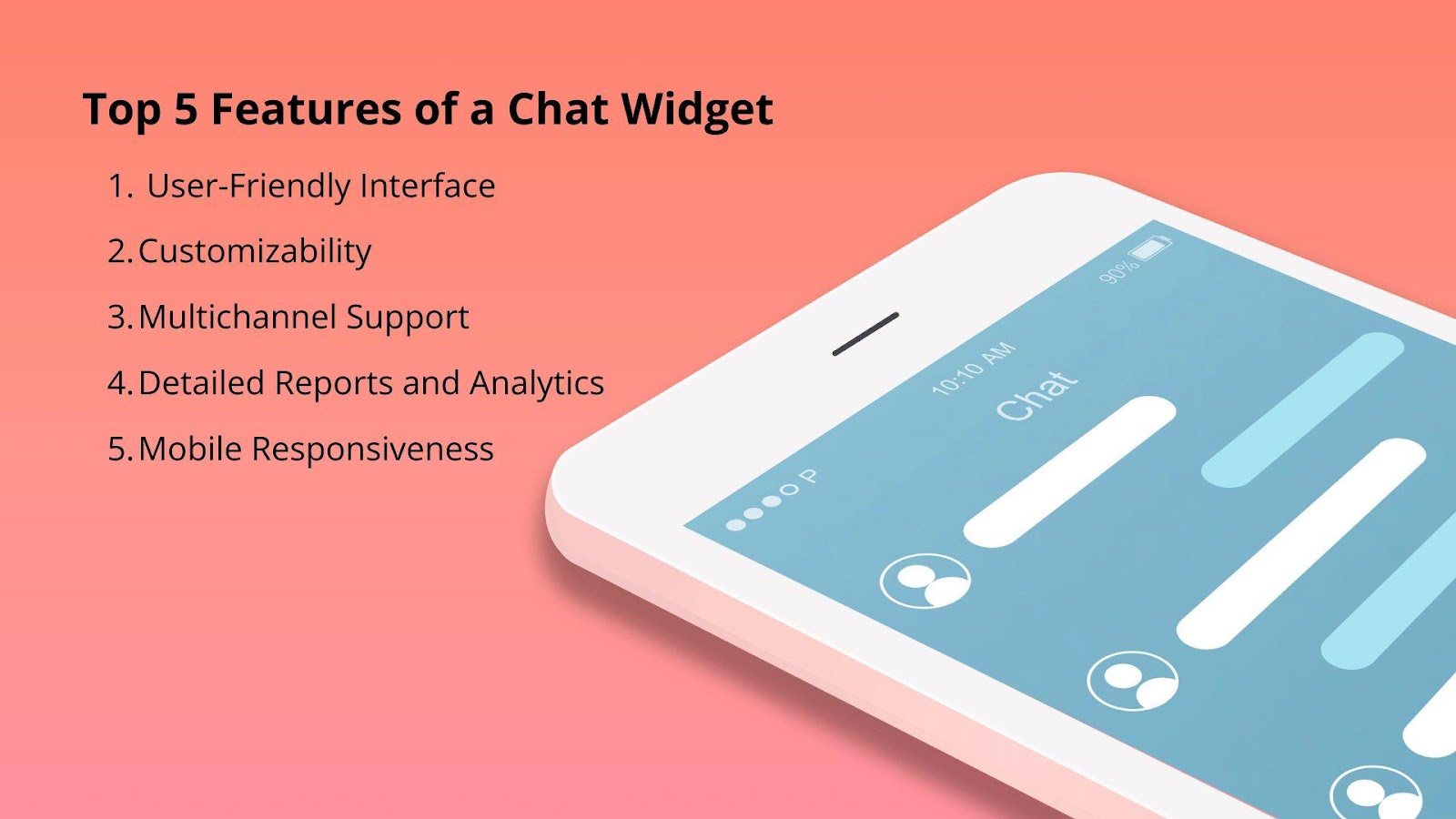 Top 5 features of a chat widget: 1. User-friendly interface, 2. Customizability, 3. Multichannel support, 4. Detailed reports and analytics, 5. Mobile responsiveness