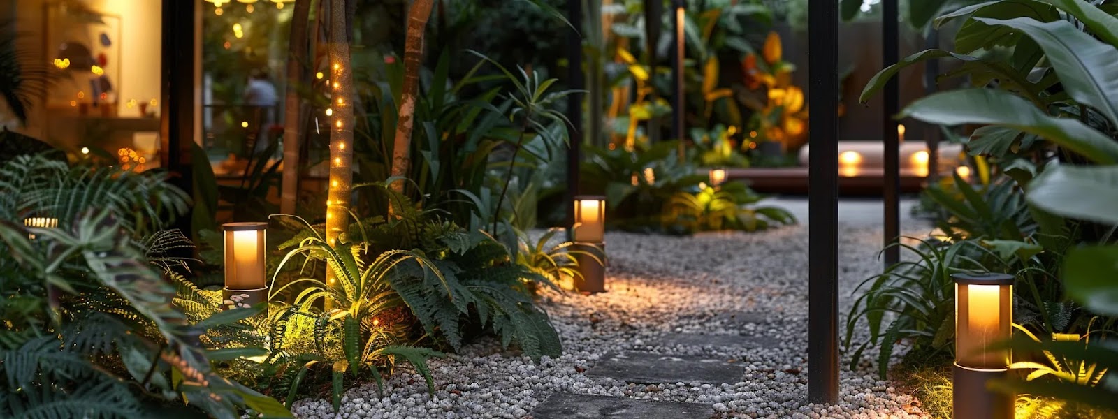 a warm glow emanates from strategically placed lights, illuminating a beautifully landscaped outdoor space at dusk.