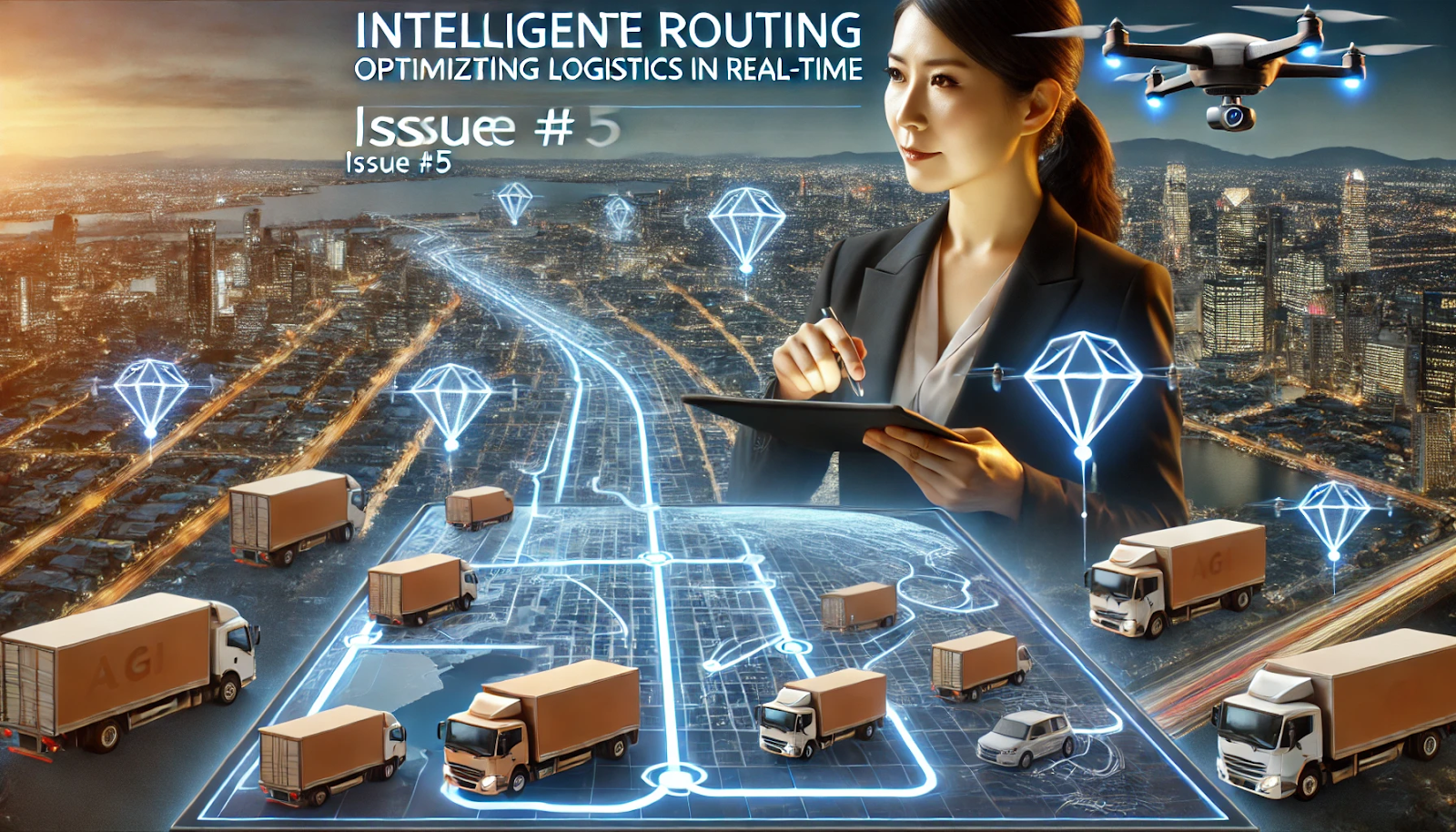 A digital map with real-time routing optimizations powered by AI. A logistics manager, a middle-aged woman of Asian descent, uses a tablet to adjust routes while AI algorithms suggest the most efficient paths. The background shows a fleet of delivery vehicles and drones in motion against a cityscape, depicting modern logistics operations.