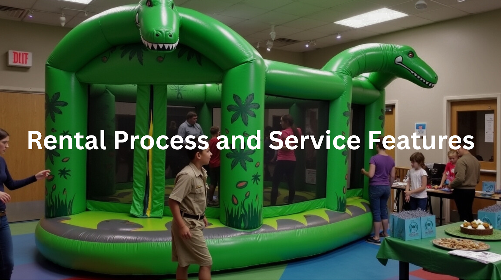 Rental-ready inflatable dinosaur-themed bouncy castle with green inflatable structure, flower motifs, and open entryways, set up in an indoor event space with children and adults exploring the interactive attraction.