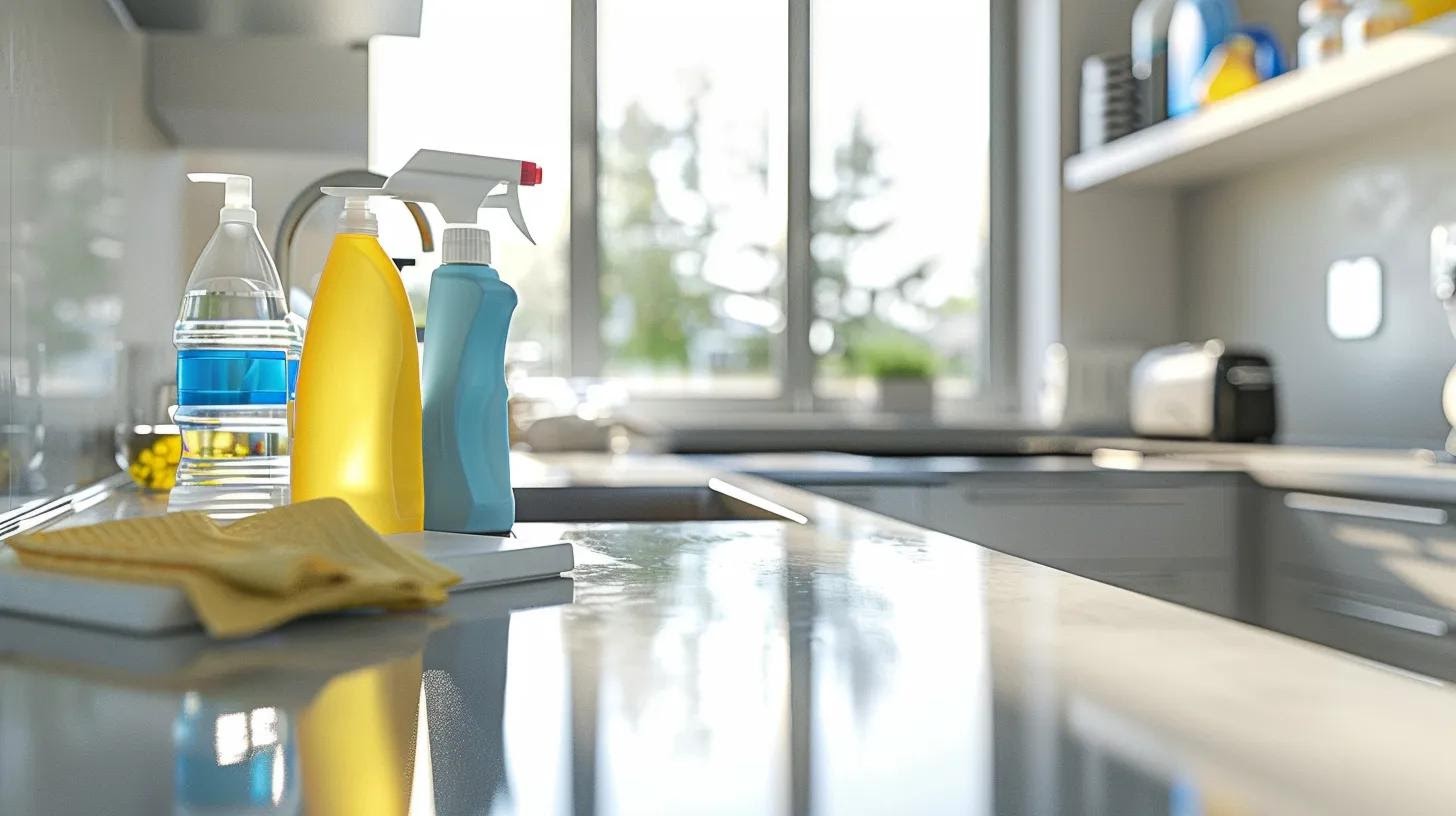 a sleek, modern kitchen showcases an array of high-quality cleaning tools and products neatly organized on a pristine countertop, illuminated by bright, artificial lighting that highlights their professional-grade design and effectiveness.