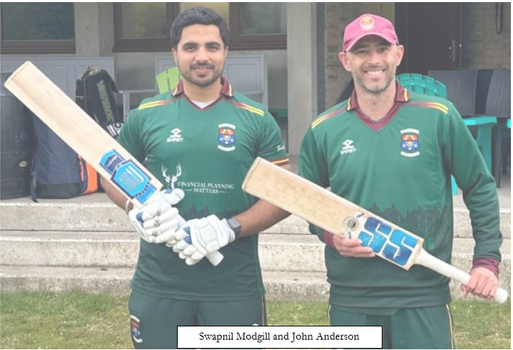 A couple of men wearing sports uniforms holding a cricket bat

Description automatically generated