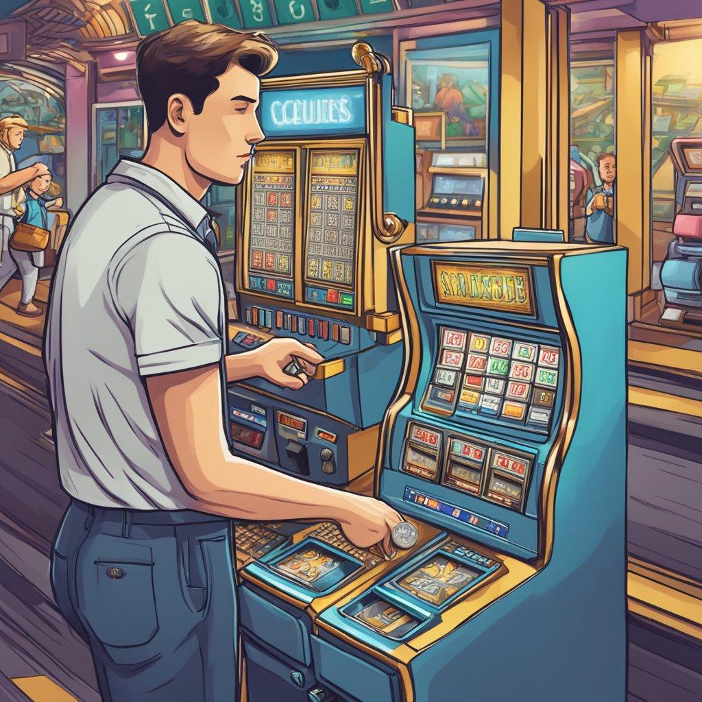 A person tossing a coin into a slot machine while surrounded by support groups and resources for gambling addiction