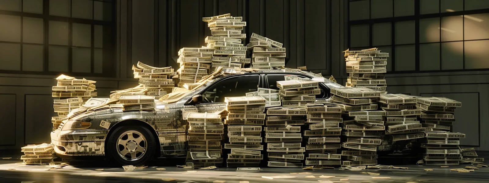 a car covered in towering stacks of money, symbolizing the effect of credit scores on auto insurance premiums.