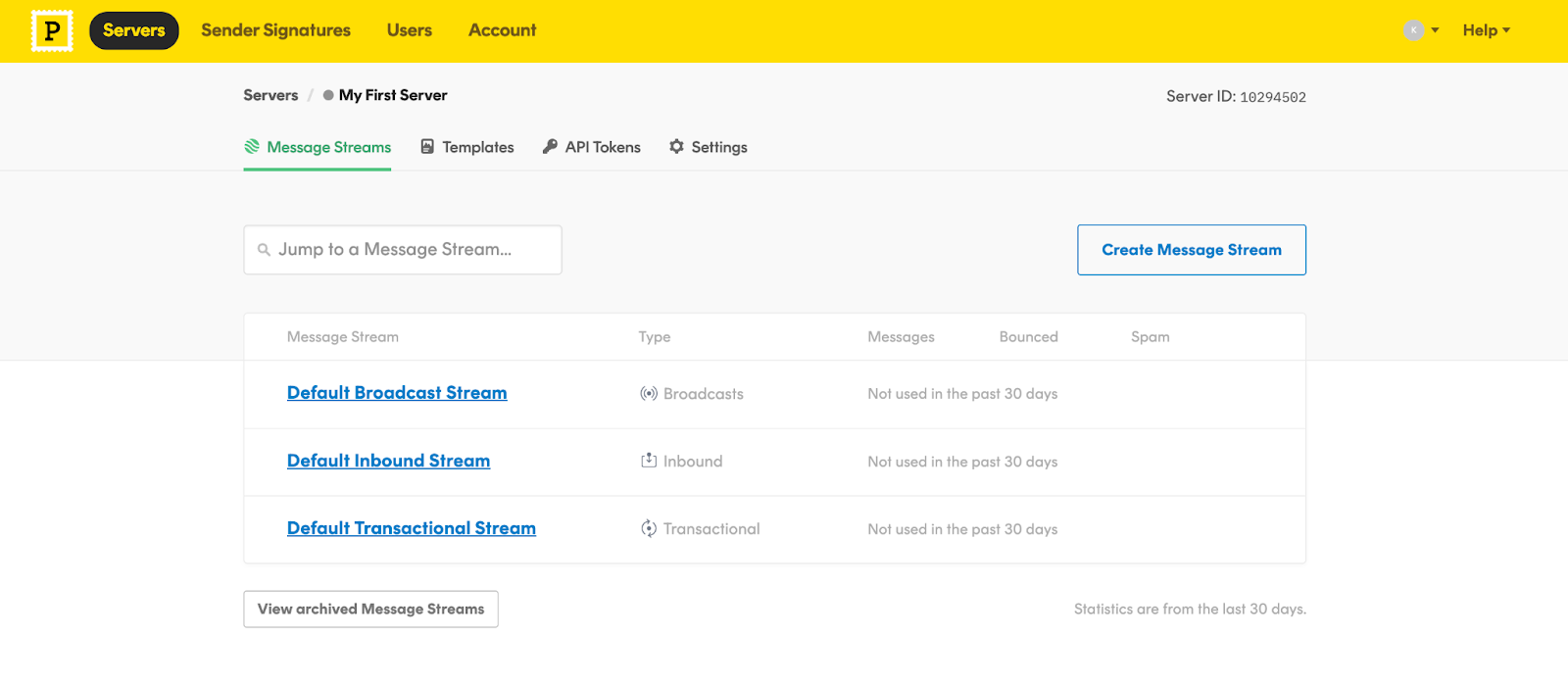 Postmark servers menu