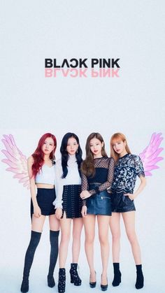 This contains an image of blackpink group members posing in front of a white wall with pink wings