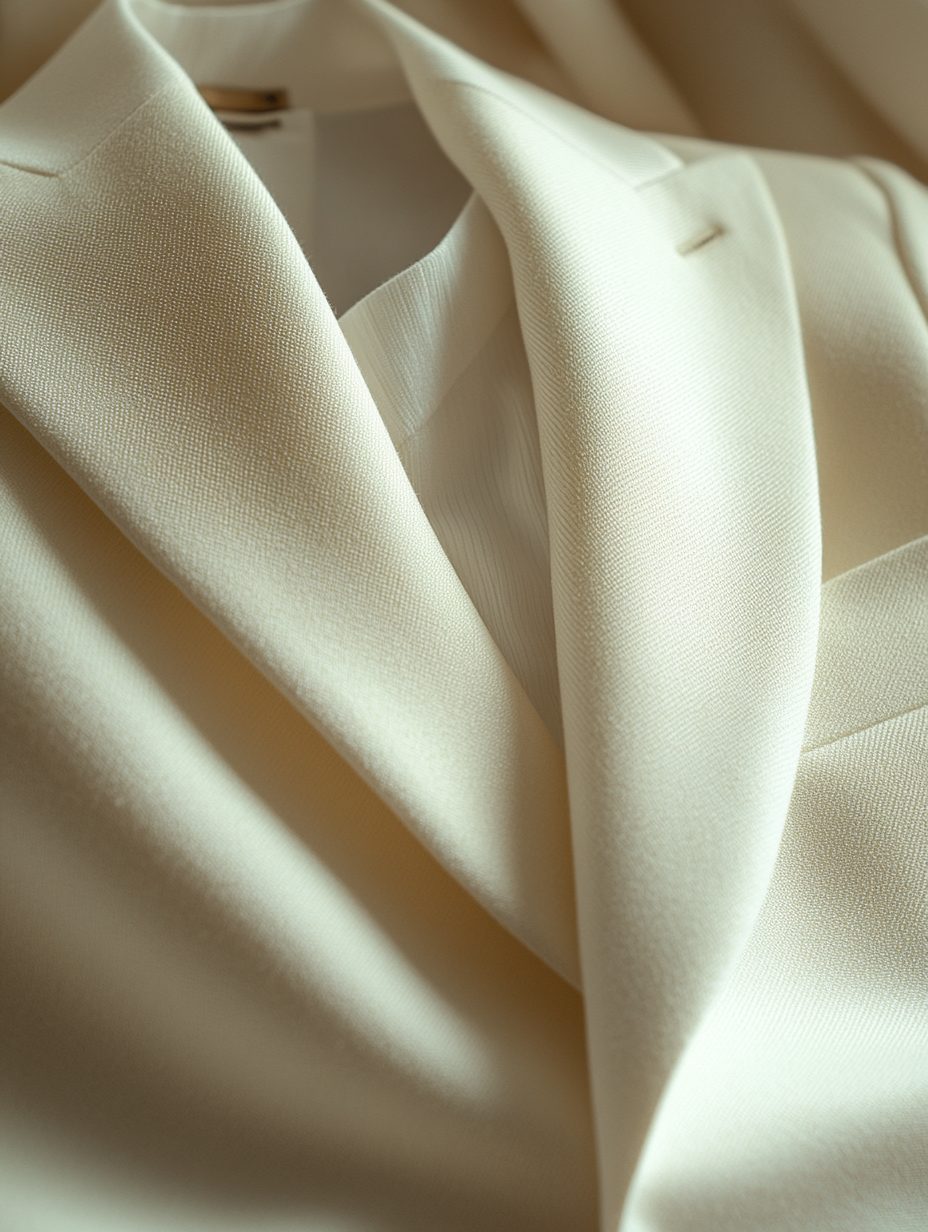 
A neatly folded ivory suit, beautifully arranged to highlight its soft, off-white tone and luxurious texture. The jacket's lapels are visible, showcasing clean, sharp lines, while the trousers are perfectly aligned beneath it. The fabric exudes a smooth, elegant sheen, gently reflecting warm natural light. The setting is minimalist, with the suit placed on a neutral surface to emphasize its understated sophistication.