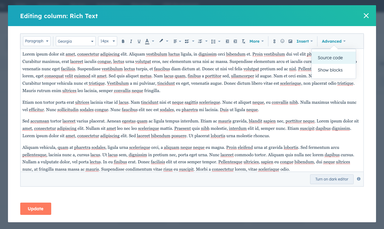 Rich Text column in a HubDB table being edited. The toolbar has the 'advanced' button expanded, 'source code' button selected.