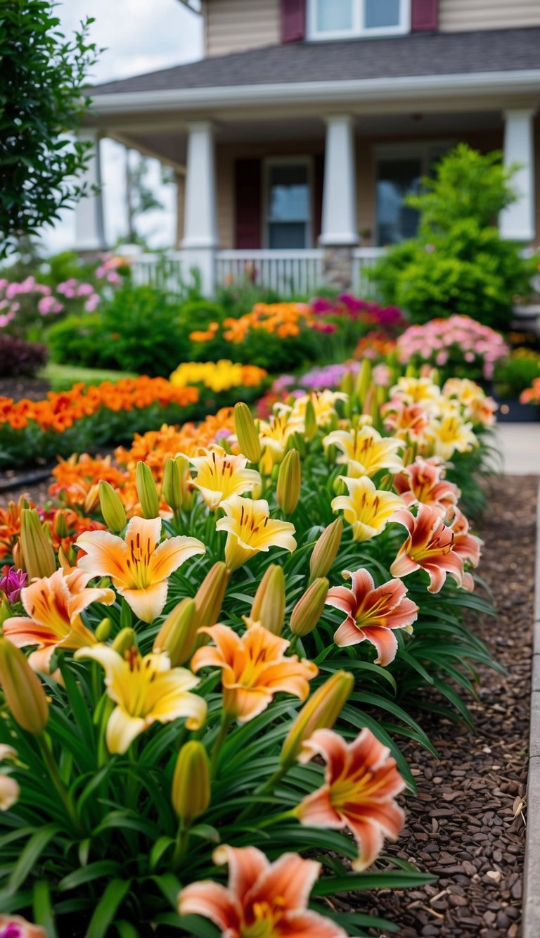 21 daylily flower beds line the front of the house, bursting with vibrant blooms in various shades of orange, yellow, and red