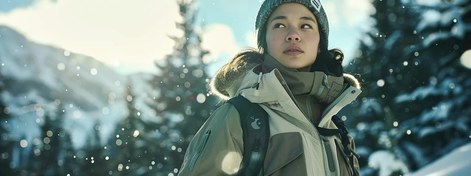 a woman standing on a snowy backcountry trail, wearing a durable, weather-resistant jacket and pants, with essential accessories like gloves and a beanie, ready to brave the harsh conditions.