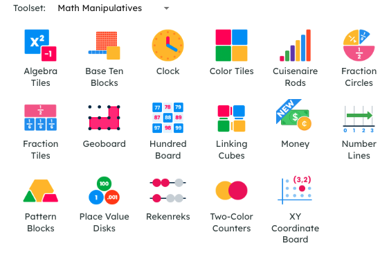 Math manipulatives icons, including Algebra Tiles, Base Ten Blocks, Clock, and others with colorful graphics.