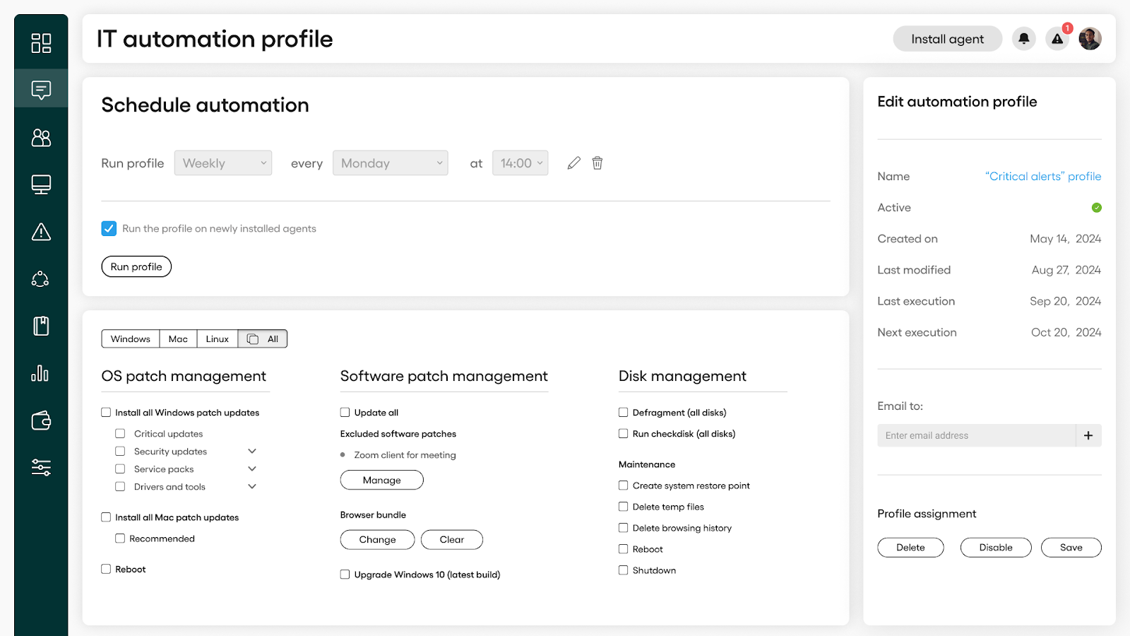 Screenshot of Atera IT automation profiles.