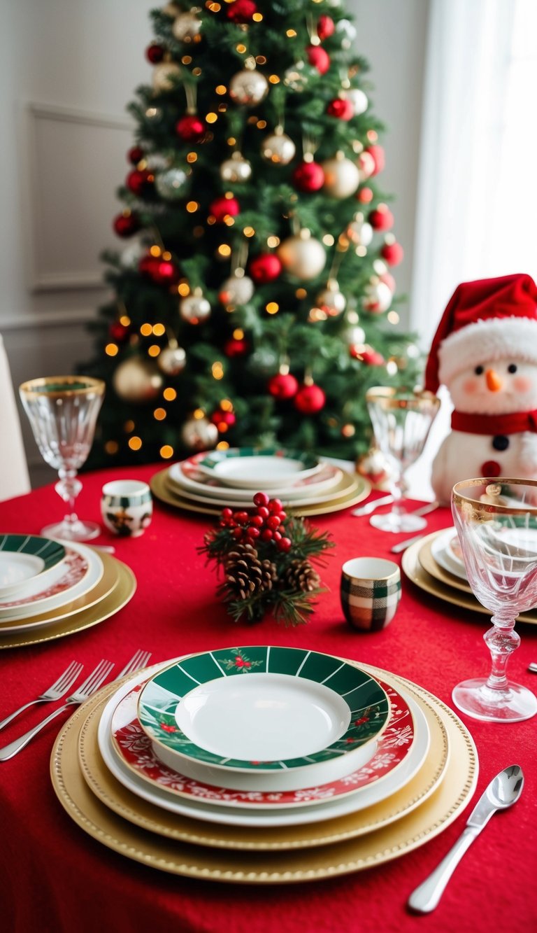 A festive table set with Christmas-themed dishware and decorations