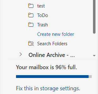 Outlook storage indicator bar