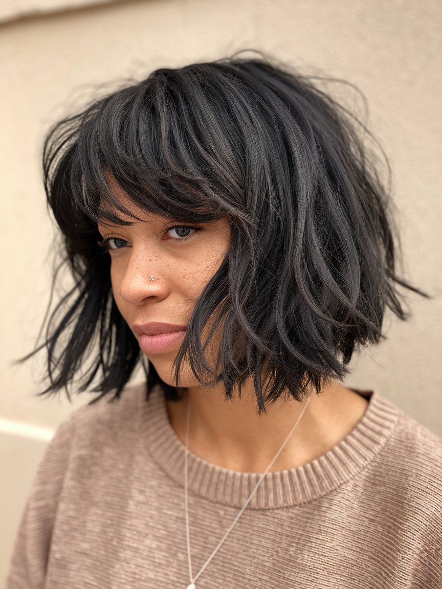 20. Tousled Wavy Bob with Bangs