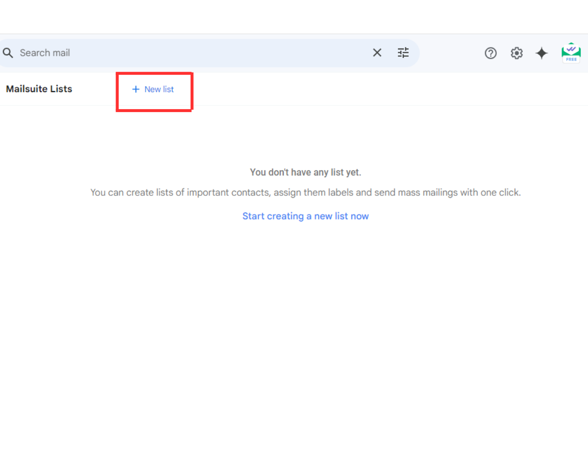 How to create and use contacts in Gmail with Mailsuite: In the Mailsuite List window, click New list.