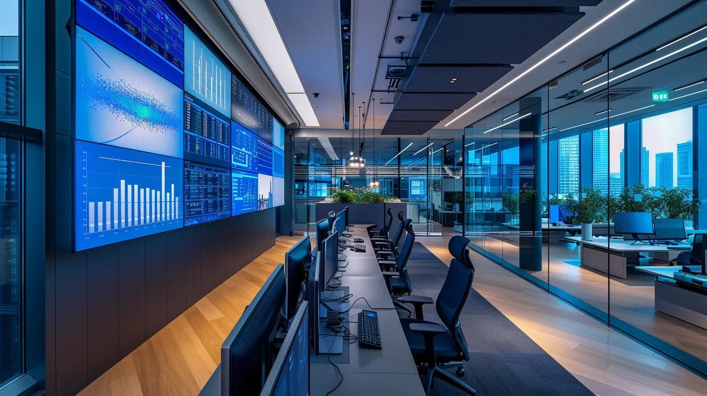a sleek, modern office environment filled with digital screens showcasing dynamic data analytics and automated workflows, emphasising the transformative impact of outbound ai on crm performance.