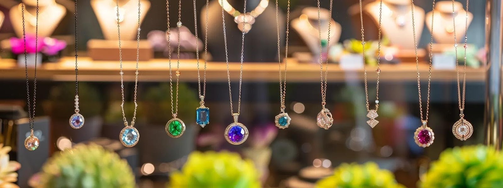 a beautifully arranged display of elegant personalized jewelry for mothers, featuring stunning necklaces adorned with vibrant birthstones against a sleek, modern office desk backdrop, capturing the essence of individuality and cherished family connections.