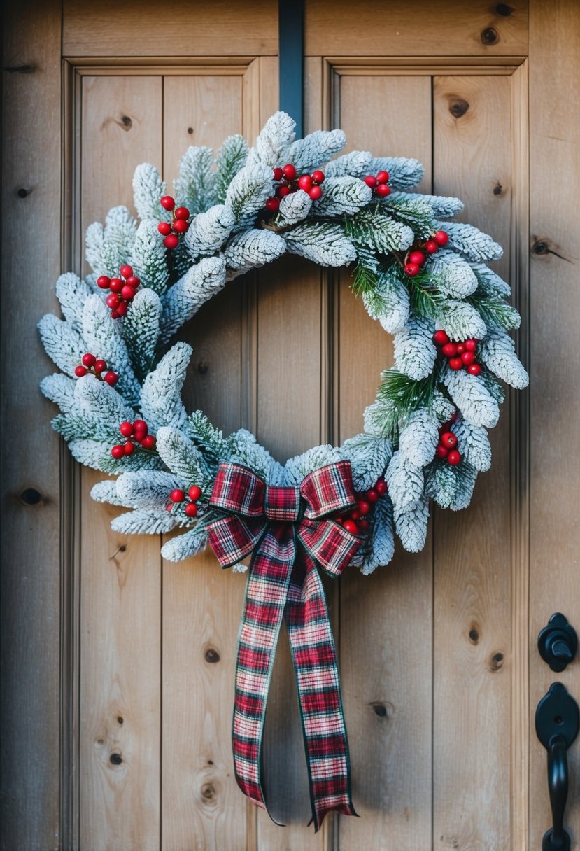 A white flocked pine wreath adorned with red berries and a plaid bow hanging on a rustic wooden door