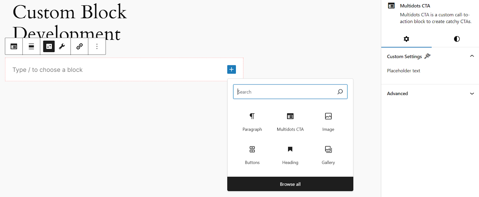 The custom block includes its own block insert icon, indicating that it now supports nested blocks via the InnerBlocks component.