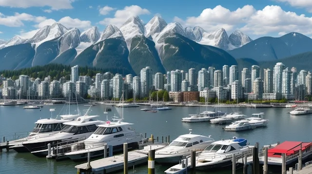 Experience Vancouver’s unique beauty, with its sparkling waterfront, city skyline, and snow-capped mountain backdrop under a sunny sky.