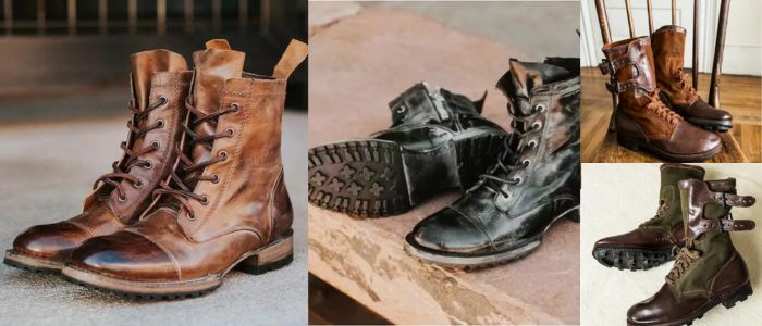 A multi-panel image showcasing various styles of men's boots: two pairs of brown lace-up boots, a pair of black boots, and two pairs of brown and green buckle boots.