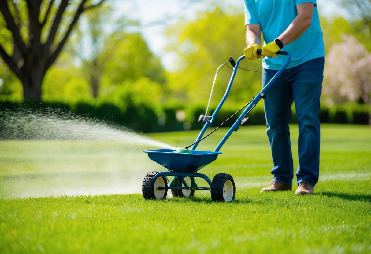 A person spreading fertilizer on a lush green lawn with a spreader on a sunny spring day