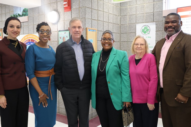 From left to right: Assistant Superintendent of Instructional Services, Dr. Noha Abdel-Hady, Windsor Mayor Nuchette Black-Burke, Governor Ned Lamont, Principal of Clover Street School Tricia Lee, CT State Representative Jane Garibay, and Superintende