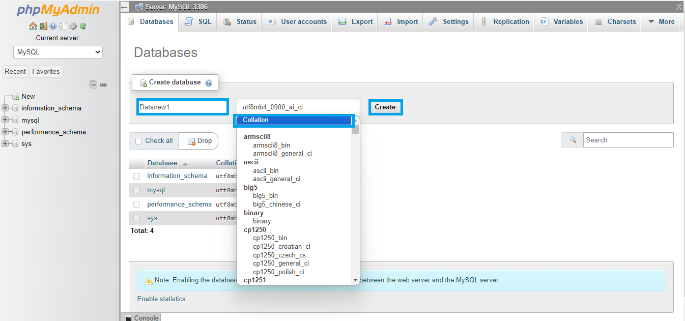 Database name and category selection on phpMyAdmin