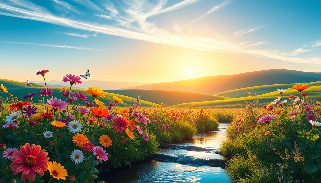 A serene landscape at sunrise, showcasing a diverse array of blooming flowers with vibrant colors, gentle rolling hills in the background, and a clear blue sky. A soft golden light bathes the scene, reflecting a sense of warmth and abundance. In the foreground, a tranquil stream flows gently, surrounded by lush greenery, symbolizing the flow of positive energy and appreciation for nature. Subtle elements like butterflies or birds in flight add to the feeling of joy and gratitude.