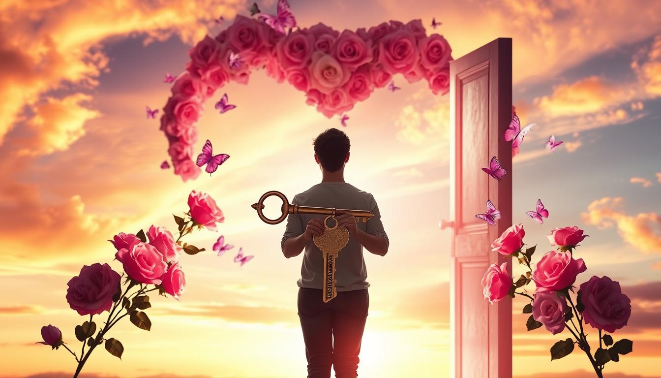 A person standing in front of a heart-shaped door, holding a key with the word "Manifestation" on it. The door is surrounded by pink roses and butterflies, symbolizing love and transformation. The person is radiating positive energy and confidence, ready to unlock the door and invite their soulmate into their life. The background is a beautiful sunset sky, representing the beginning of a new chapter in their life filled with love and happiness.