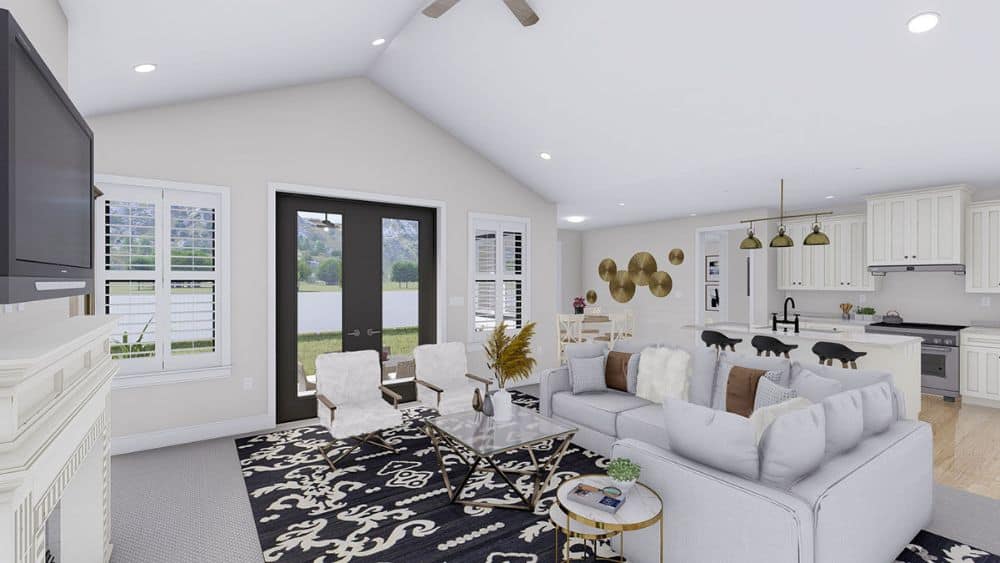 An open layout view showing the living room, kitchen, and dining area.