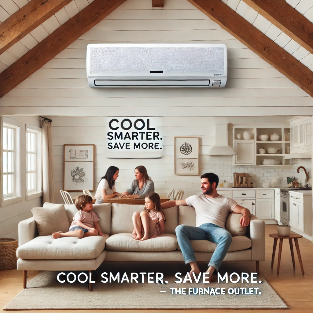 A cozy American family relaxes in a living room cooled by a wall-mounted ductless mini-split AC, emphasizing comfort and energy efficiency.