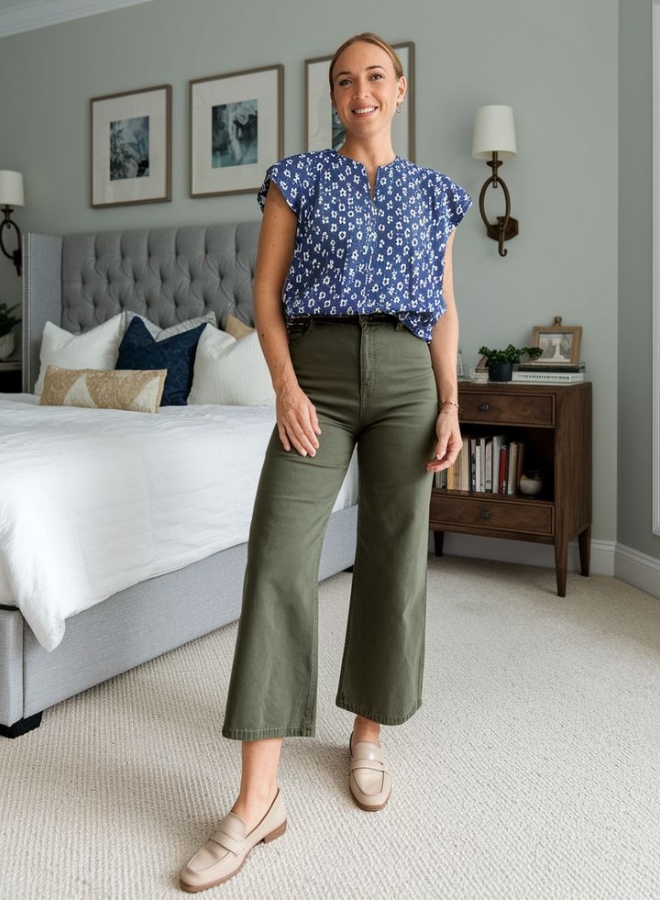 Wanita dengan baju biru navy dan celana olive.