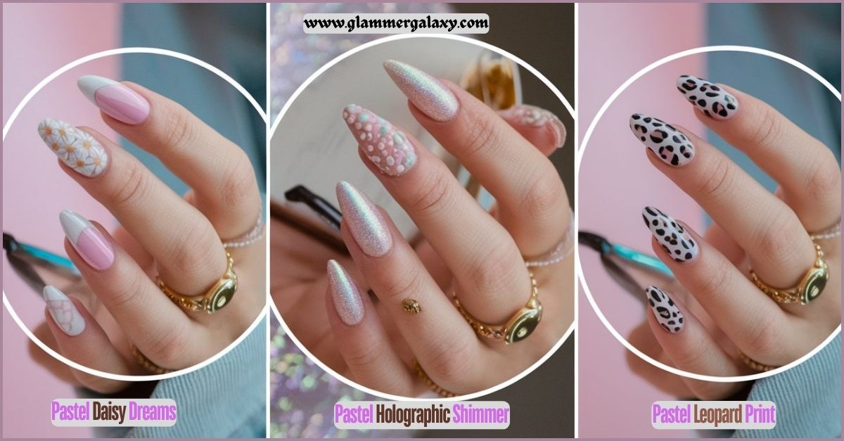 Three sets of manicured nails with pastel daisy, holographic shimmer, and leopard print designs.