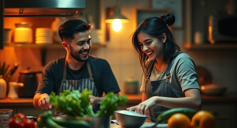 A warm, softly lit kitchen with a smiling couple playfully cooking together, fresh vegetables on the counter, and vintage kitchenware in the background, ultra-realistic photography, shallow depth of field.