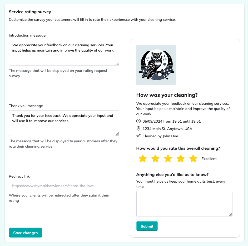 Service rating survey editor on ZenMaid